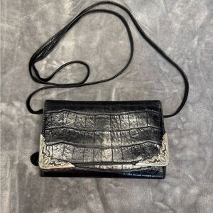Vintage Brighton Black Crocodile-Embossed Leather Wallet with Snap-On Strap